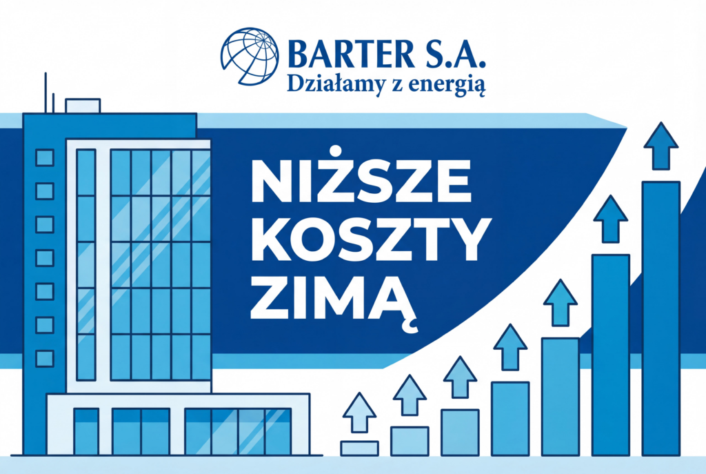 Optymalizacja kosztów ogrzewania dla firm z Barter S.A. – grafika przedstawiająca niższe rachunki zimą i nowoczesny biurowiec.