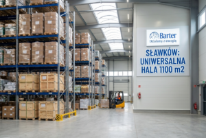 Wnętrze nowoczesnej hali magazynowej Barter w Sławkowie o powierzchni 1100 m2 z regałami wysokiego składowania.
