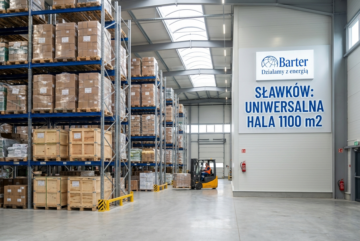 Wnętrze nowoczesnej hali magazynowej Barter w Sławkowie o powierzchni 1100 m2 z regałami wysokiego składowania.
